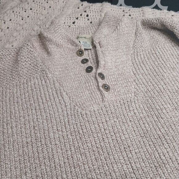 Eddie Bauer Sweater Mens XLT Beige Knit USA Classic 5 Button Henley Fisherman - Picture 3 of 16